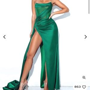 Miss Circle - Holly Green Crystallized Corset High Slit Satin Gown